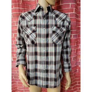 Plains Western Wear Brown Shirt Mens Size S Plaid Pearl Snap Buttons #WM1